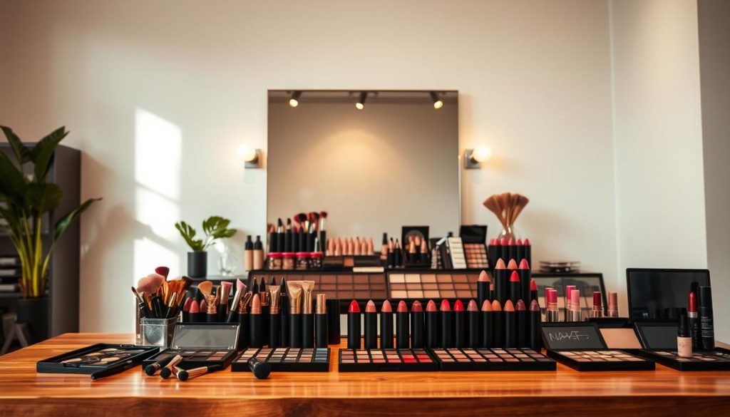 A beautifully designed interior space showcasing various makeup and color cosmetic products. Warm, soft lighting illuminates the scene, creating a serene and inviting atmosphere. In the foreground, a wooden table displays an array of makeup brushes, palettes, and colorful lipsticks, arranged in an aesthetically pleasing manner. The middle ground features a large mirror with a modern, minimalist frame, reflecting the products and creating a sense of depth. The background is a clean, white wall, allowing the makeup items to take center stage. The overall composition conveys a sense of elegance, professionalism, and expert advice on color and makeup.