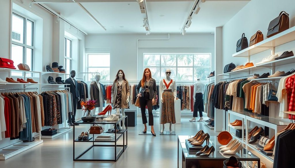 A bright, airy retail space filled with an array of stylish fashion items. In the foreground, an assortment of on-trend clothing, accessories, and shoes from various designer brands, displayed on minimalist shelves and stands. The middle ground features well-dressed mannequins showcasing the latest collections, their poses dynamic and inviting. In the background, large windows allow natural light to flood the space, illuminating the clean, contemporary decor. The overall atmosphere is one of sophistication, curation, and a love for fashion, drawing the viewer in to explore the diverse range of high-quality merchandise on offer.