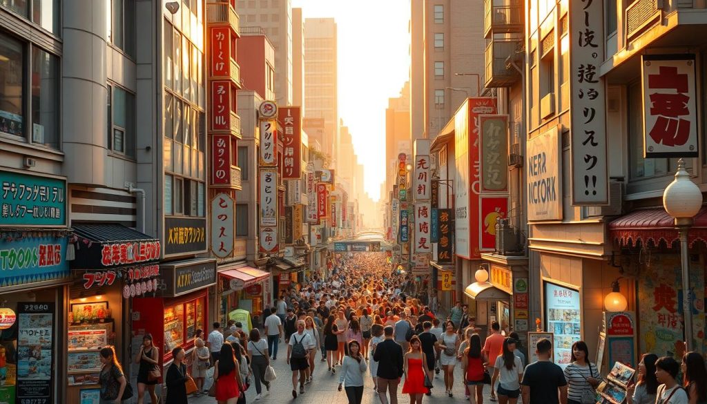 A bustling Takeshita Street in Tokyo's Harajuku district, captured in the golden glow of a late afternoon sun. The foreground is alive with vibrant fashion, colorful storefronts, and throngs of stylish youth browsing trendy boutiques and quirky shops. In the middle ground, narrow alleyways and side streets teem with pedestrians, their colorful outfits creating a captivating kaleidoscope of style. The background is a harmonious blend of traditional Japanese architecture and modern high-rises, framing the scene with a timeless elegance. The overall atmosphere is one of energy, creativity, and the pulse of Harajuku's renowned youth culture.