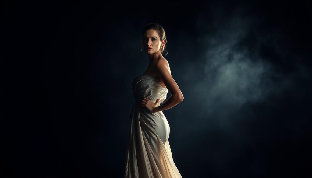 A captivating high-fashion editorial photograph showcases a graceful model in an elegant couture gown, posed against a moody, atmospheric backdrop. Dramatic studio lighting casts dramatic shadows, while a dynamic camera angle accentuates the dramatic lines of the garment. The model's pose is poised and statuesque, exuding an air of sophistication and allure. The image conveys a sense of cinematic grandeur, evoking the glamour and artistry of the fashion industry. The overall aesthetic is one of timeless, high-impact fashion photography, suitable for an editorial spread on the diverse styles of modern couture.
