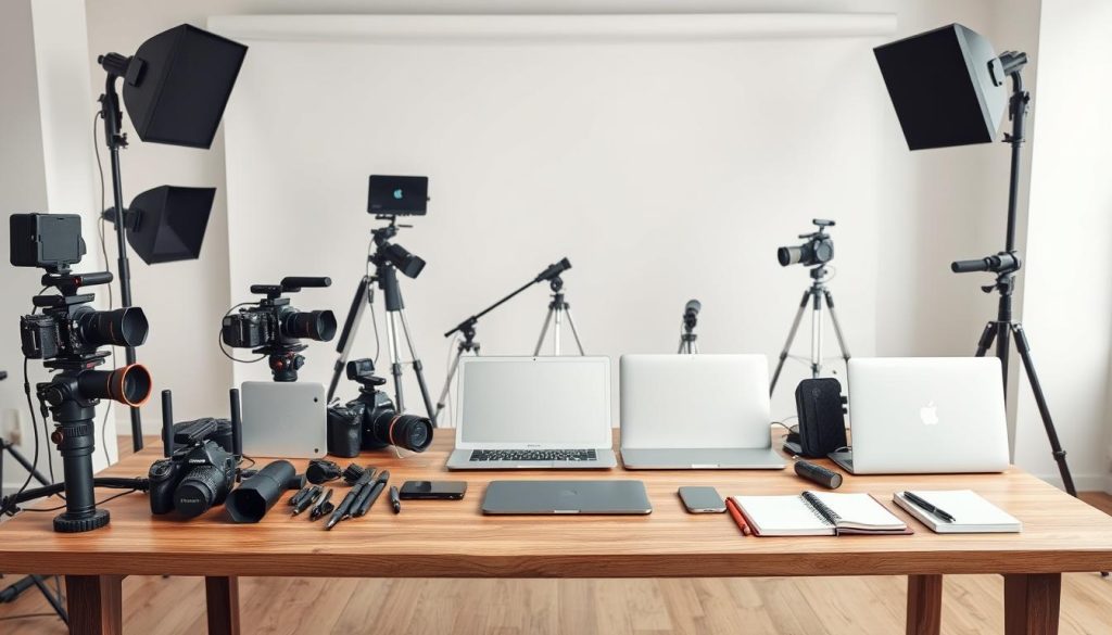 A clean, well-lit studio setting with an assortment of professional media tools arranged on a minimalist wooden table. In the foreground, an array of high-quality cameras, microphones, and lighting equipment. In the middle ground, sleek laptops, tablets, and notebooks, suggesting the digital aspects of media creation. The background features a simple white backdrop, allowing the tools to be the focus. The overall atmosphere is one of efficiency, organization, and the tools of the modern media professional's trade.