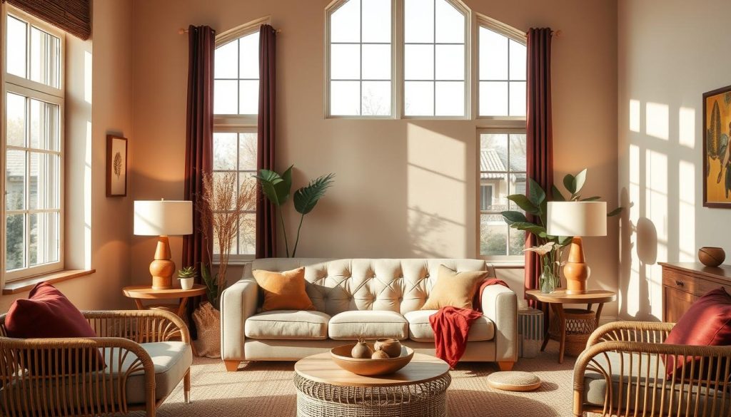 A cozy and harmonious living room with warm, earthy tones. The walls are painted in a soft, muted beige, complemented by rich burgundy and olive-green accents in the textiles and decor. A plush, tufted sofa in a neutral tone takes center stage, surrounded by natural wood and rattan furniture pieces. Soft, diffused lighting from a pair of mid-century modern table lamps casts a gentle glow, creating a serene and inviting atmosphere. Large windows allow natural light to flood the space, casting subtle shadows and highlighting the textures of the materials. The overall effect is a harmonious and visually pleasing interior, evoking a sense of comfort and relaxation.