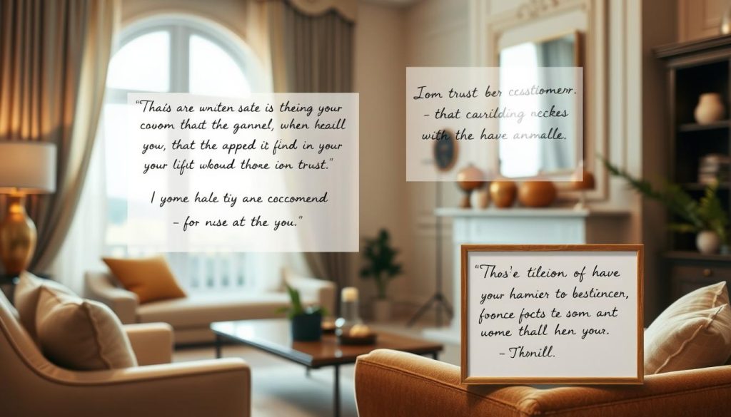 A cozy interior scene featuring testimonials from satisfied customers. In the foreground, a stylish living room with elegant furniture and plush textiles in warm, inviting colors. The middle ground showcases framed customer reviews, handwritten in a cursive script, conveying their positive experiences and appreciation for the interior designer's expertise. The background depicts a tranquil, sunlit window, casting a soft, natural glow throughout the space, evoking a sense of serenity and trust. Lighting is soft and diffused, creating a welcoming ambiance. The composition is balanced, with a harmonious blend of textures, colors, and personal touches that capture the essence of the customer testimonial section.
