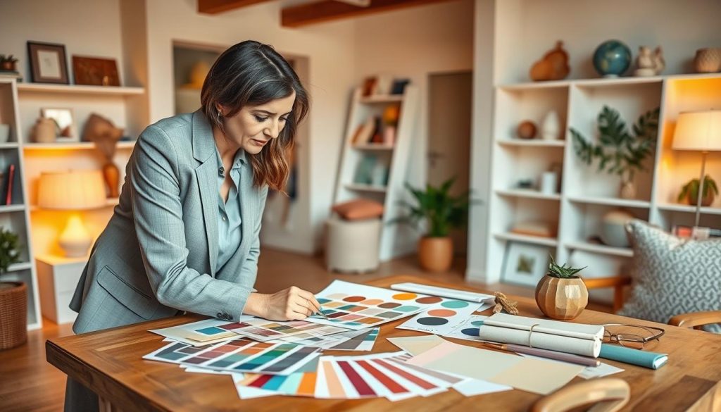 A cozy, inviting interior design studio with a professional color consultant meeting one-on-one with a client. Warm lighting illuminates a palette of paint swatches, fabric samples, and color-coordinated decor elements spread out on a wooden table. The consultant, dressed in a smart, neutral-toned outfit, leans in attentively, guiding the client through personalized color recommendations tailored to their unique tastes and the specific space. Soft, pastel hues and natural textures create a serene, harmonious atmosphere, reflecting the expertise and care the stylist brings to the bespoke color advice process.