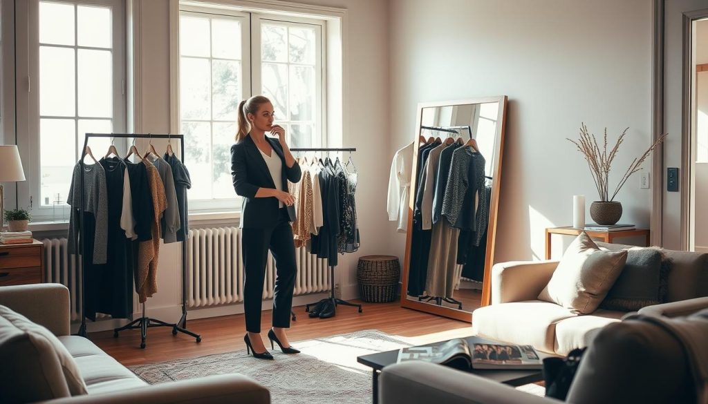 A cozy, well-lit living room with natural light streaming through large windows. In the foreground, a stylishly dressed woman stands in front of a full-length mirror, examining herself with a thoughtful expression. Surrounding her are various fashion accessories and clothing options, suggesting the process of curating a personalized wardrobe. The middle ground features a comfortable armchair and a side table with fashion magazines, showcasing the idea of professional style guidance. The background depicts a minimalist, tastefully decorated interior, conveying a sense of refinement and sophistication. The overall atmosphere is one of introspection, self-discovery, and the empowering effects of personal style.