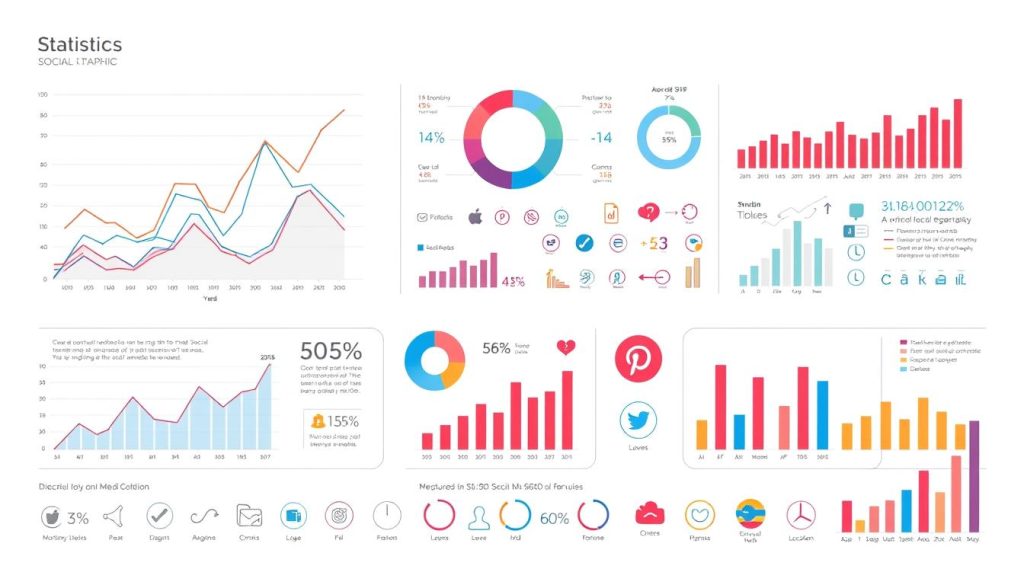A detailed infographic showcasing social media statistics on a sleek, minimalist white background. The foreground features a dynamic array of colorful line graphs, pie charts, and bar charts, each element cleanly presented with crisp, high-resolution rendering. The middle ground includes simple, elegant icons and symbols representing various social media platforms. The background hosts a subtle grid pattern, lending structure and depth to the composition. The overall mood is professional, informative, and visually striking, designed to clearly convey complex data in an engaging and easy-to-digest manner.