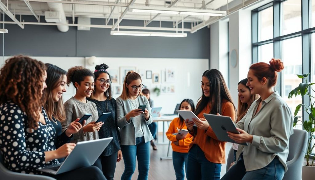 A dynamic team of micro influencers collaborating in a vibrant, modern office setting. In the foreground, several influencers are discussing ideas, laptops and mobile devices in hand. In the middle ground, others are reviewing campaign materials and strategizing. The background features a sleek, minimalist workspace with large windows, bright lighting, and inspirational wall decor. The overall atmosphere conveys a sense of productive energy, creative synergy, and a commitment to delivering impactful influencer marketing campaigns.