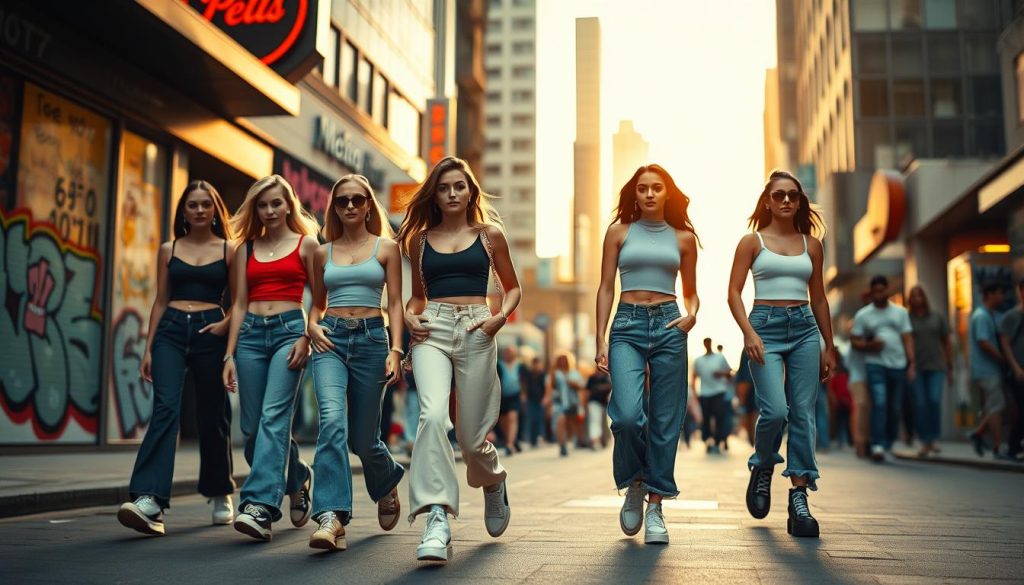 A fashion-forward scene from the 1990s: A group of stylish models sauntering down a bustling city street, captured in a cinematic wide shot. In the foreground, bold colors, oversized silhouettes, and eclectic accessories define the decade's iconic look - cropped tank tops, baggy mom jeans, platform sneakers. The middle ground reveals the urban landscape, with neon signs, graffiti-covered walls, and a blur of passersby reflecting the vibrant, energetic atmosphere. The background fades into a warm, golden hour glow, casting a nostalgic, dream-like quality over the entire composition. Lit by natural, diffused lighting, the models exude an effortless, carefree confidence - a visual representation of the era's unapologetic style.