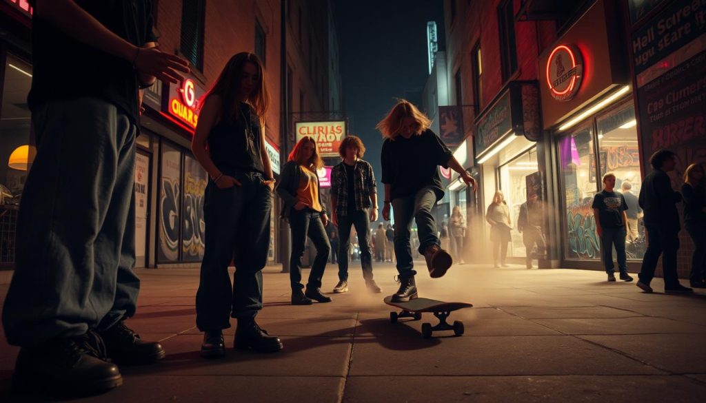 A gritty, street-level scene of 90s subcultural fashion in a dimly lit urban setting. In the foreground, a group of teenagers dressed in oversized baggy jeans, chunky steel-toed boots, and eclectic thrifted tops, their faces partially obscured by the shadows. In the middle ground, a skateboarder performing a trick, kicking up a cloud of dust. In the background, neon-lit storefronts, graffiti-covered walls, and the silhouettes of clubgoers spilling out onto the sidewalk, creating an atmosphere of vibrant youthful energy and underground style. The image is captured with a high-contrast, documentary-style aesthetic, evoking the raw, DIY spirit of the 90s subculture.