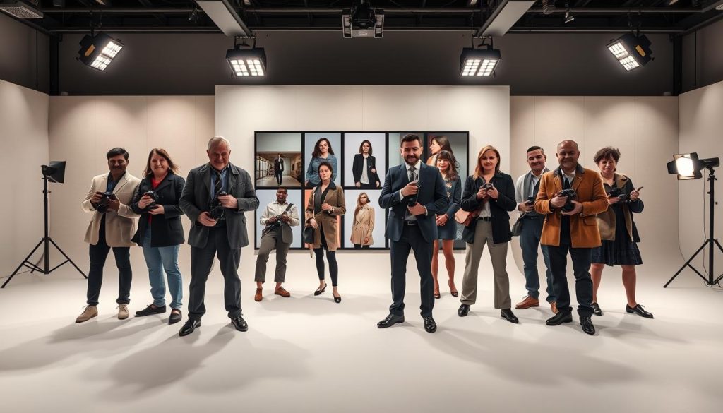 A group of influential fashion photographers posing against a backdrop of elegant studio lighting and a sleek, minimalist set design. In the foreground, the photographers stand confidently, their cameras held at the ready, capturing the essence of high-fashion imagery. In the middle ground, a selection of their most iconic images are displayed, showcasing their unique styles and aesthetic sensibilities. The background features a seamless, subtly textured wall, creating a sense of depth and focus on the subject matter. The overall atmosphere is one of sophistication, creativity, and the power of visual storytelling that defines the world of high-end fashion photography.