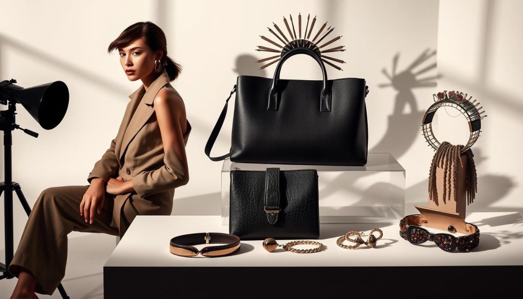 A high-fashion editorial photoshoot showcasing a visually striking and distinctive brand identity. The foreground features a stylish female model elegantly posing in a chic, minimalist outfit and hairstyle. The middle ground highlights an array of fashion accessories, including a sleek leather handbag, bold jewelry pieces, and a conceptual headpiece that reflects the brand's unique aesthetic. The background is a clean, modern studio setting with dramatic lighting, casting dramatic shadows and highlights that accentuate the product details. The overall mood is one of sophistication, innovation, and refined luxury, capturing the essence of the brand's identity and positioning it as an industry leader in fashion and style.