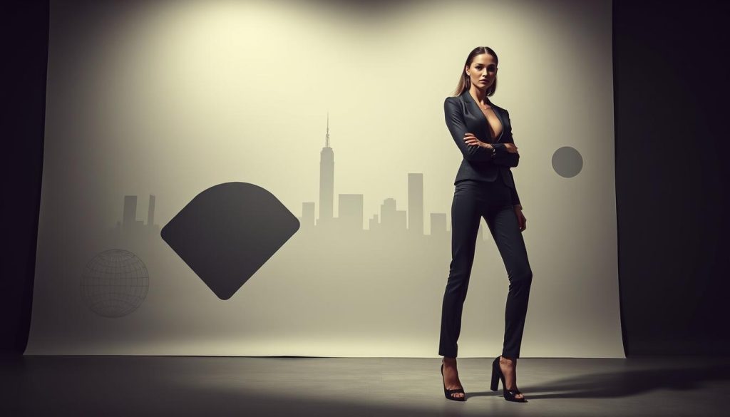 A high-fashion editorial spread showcasing the role of brand strategy in the apparel industry. In the foreground, a striking model poses confidently, dressed in a sleek, minimalist outfit that embodies the essence of the modern fashion landscape. The middle ground features a backdrop of abstract geometric patterns and shapes, hinting at the strategic design considerations that underpin successful brand identities. In the background, a subtle cityscape adds a sense of urban sophistication, alluding to the competitive and ever-evolving nature of the mode-industrie. Soft, directional lighting casts dramatic shadows, creating a moody, cinematic atmosphere that reflects the gravity and importance of brand strategy in this dynamic industry.