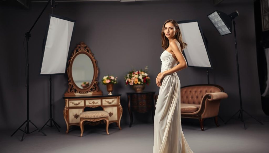 A high-fashion photoshoot featuring a female model posing gracefully in an elegant studio setting. The model stands in the foreground, her lithe figure clad in a flowing, ethereal gown that cascades around her. Soft, diffused lighting from overhead softboxes casts a warm, glamorous glow, accentuating her delicate features and striking bone structure. The middle ground features carefully placed props - a vintage vanity with an ornate mirror, a lush floral arrangement, and a plush chaise lounge. The background is a seamless gray backdrop, allowing the model and her surroundings to be the sole focus. An air of poise, confidence, and high-end sophistication permeates the scene, capturing the essence of "working with models" in fashion photography.