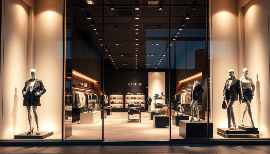 A high-fashion retail space with a sleek, modern aesthetic. The storefront features a minimalist glass facade, allowing passersby a glimpse of the carefully curated merchandise within. Warm, directional lighting casts a sophisticated glow, accentuating the clean lines and neutral color palette of the interior. Stylish mannequins pose elegantly, showcasing the latest designer apparel and accessories. The space is arranged with precision, drawing the eye to artfully displayed products. An aura of exclusivity and refinement permeates the environment, reflecting the prestige and craftsmanship of the brand. The overall impression is one of elevated style and brand identity, capturing the essence of "merkarchitectuur modebedrijven".