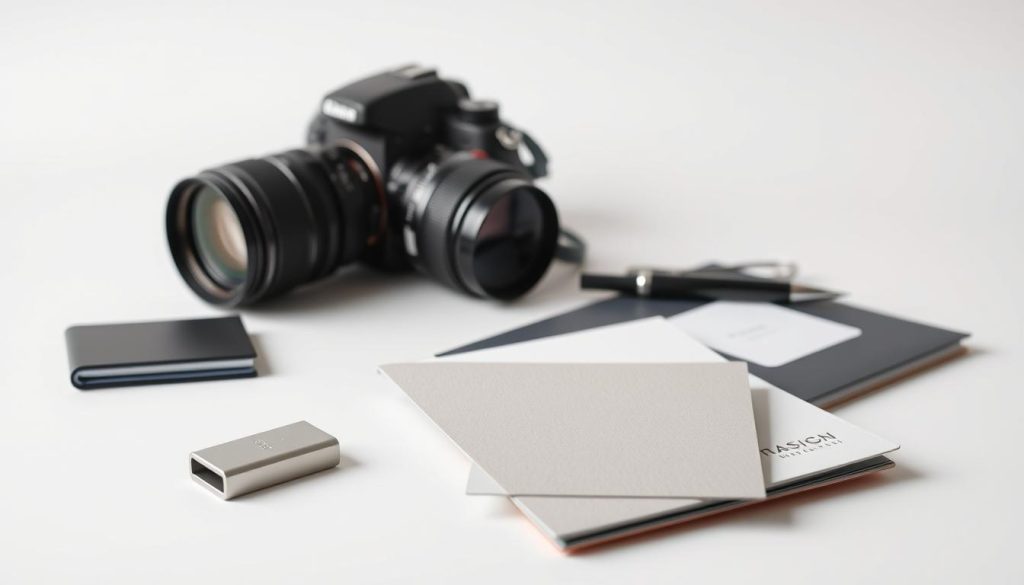 A high-quality, minimalist still life showcasing the essential components of a media kit. In the foreground, a clean white backdrop displays a carefully curated collection of items: a modern, sleek USB drive, a classy business card with embossed text, a well-designed brochure or booklet, and a professional-looking folder or envelope. The middle ground features a high-end DSLR camera, a pen, and a small notebook, conveying a sense of professionalism and attention to detail. Soft, directional lighting subtly accentuates the textures and details of the objects, creating a sophisticated and polished atmosphere. The overall composition is balanced and harmonious, reflecting the importance of a well-crafted media kit in professional settings.