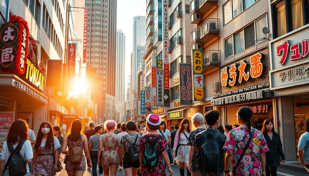 A lively street scene in the heart of Tokyo's Harajuku district, bathed in warm afternoon light. In the foreground, a group of youth sport vibrant, eclectic fashion styles - bold colors, intricate patterns, and avant-garde silhouettes that epitomize the Harajuku aesthetic. In the middle ground, pedestrians stroll past boutiques and vintage shops, the facades adorned with whimsical decorations and neon signs. In the background, the iconic Takeshita Street is framed by towering buildings, hinting at the rich history and cultural heritage that has shaped this iconic fashion hub. The overall scene conveys a sense of energy, creativity, and youthful exuberance that has come to define Harajuku mode over the decades.
