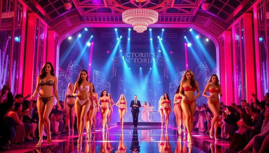 A majestic Victoria's Secret Fashion Show, capturing the graceful models striding down the catwalk in a captivating display of elegance and allure. Vibrant lighting illuminates the stage, casting a warm, sultry glow as the models showcase the brand's latest lingerie collections. In the background, a mesmerizing performance by a renowned musical act, their energetic movements and pulsating beats adding to the electric atmosphere. The scene is a harmonious blend of beauty, fashion, and entertainment, embodying the essence of the iconic event.