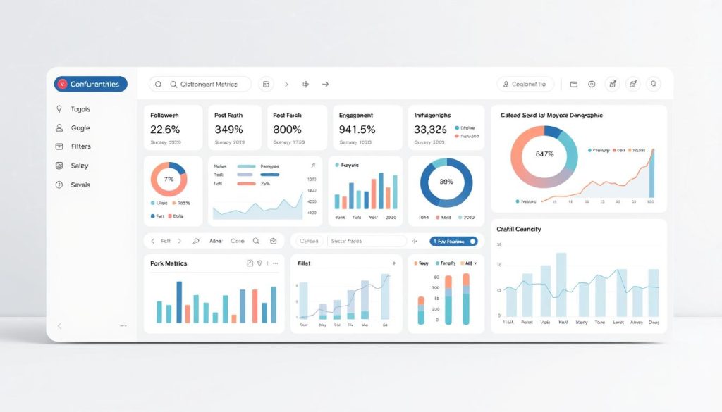 A modern data visualization dashboard showcasing detailed statistics and engagement metrics for an influencer media kit. In the foreground, a responsive layout of charts, graphs, and infographics highlighting key performance indicators such as follower growth, post reach, engagement rates, and audience demographics. The middle ground features a clean, minimalist user interface with toggles, filters, and analytics tools, bathed in a cool, calming color palette. In the background, a subtle geometric pattern or subtle textured background adds depth and sophistication. Crisp, high-resolution rendering with a professional, polished aesthetic suitable for an influencer media kit presentation.