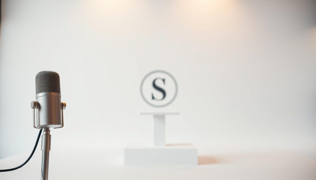 A modern, minimalist personal branding presentation for an influential social media personality. In the foreground, a sleek, silver metallic microphone and a stylized initial or monogram against a plain white backdrop, capturing the essence of a polished, professional image. The middle ground features a minimal, clean-lined display stand or podium, hinting at a presentation or media kit. In the background, a softly blurred, pastel-toned geometric pattern or subtle gradient, creating a sophisticated, on-brand aesthetic. Warm, diffused lighting from the side, casting subtle shadows and highlights to accentuate the minimalist, high-end design elements. Captured at a slightly elevated, eye-level angle to convey a sense of approachability and engagement.