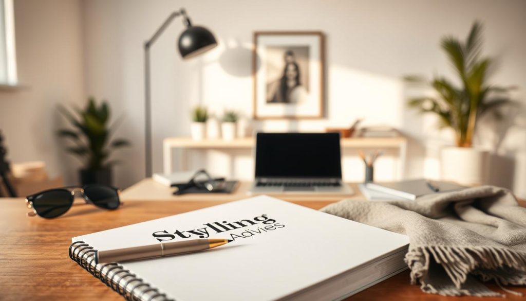 A professional, high-quality media kit with a sleek, modern design. In the foreground, a stylish notebook or folder with a minimalist cover, showcasing the "Styling Advies" title in a bold, clean font. Placed alongside it, a few carefully curated fashion accessories, such as a designer pen, a pair of sunglasses, and a chic, neutral-toned scarf. The middle ground features a desktop setup with a laptop, a tablet, and a few neatly arranged office supplies, all bathed in warm, natural lighting. In the background, a minimalist, white-walled studio space with a few potted plants and a large, framed artwork or photograph, creating a sense of sophistication and creativity. The overall mood is one of understated elegance, professionalism, and style.
