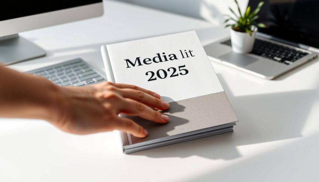 A professional-looking handbook titled "Media Kit 2025" sits atop a sleek, minimalist desk. The cover features clean typography and a subtle, refined color scheme. In the foreground, a hand reaches down to grab the handbook, conveying a sense of accessibility and usability. The desktop is clutter-free, with a modern laptop and a tasteful plant accent, creating a visually appealing and well-organized workspace. Soft, directional lighting illuminates the scene, casting subtle shadows and highlights that enhance the overall aesthetic. The entire composition exudes a sense of modern professionalism, inviting the viewer to download and explore the contents of the media kit.