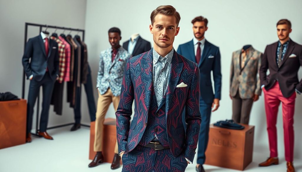A sophisticated collection of men's fashion showcasing a vibrant array of colors and intricate patterns. The foreground features a well-dressed male model wearing a tailored suit with a bold, geometric pattern in rich, jewel-toned hues. The mid-ground displays a variety of high-end menswear pieces, including patterned shirts, textured trousers, and sleek accessories. The background is a minimalist, studio-like setting with soft, directional lighting that accentuates the luxurious textures and elegant silhouettes. The overall atmosphere evokes a sense of refined style, modern sophistication, and a touch of sartorial flair.