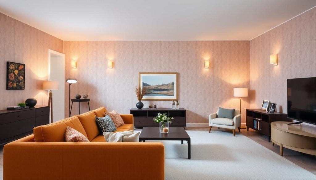 A spacious, well-lit living room with a harmonious color palette that radiates warmth and tranquility. In the foreground, a stylish mid-century modern sofa in a rich, earthy tone serves as the focal point. The walls are adorned with a subtle, textured wallpaper in a complementary neutral shade, creating a soothing backdrop. Strategically placed lighting fixtures, with a soft, ambient glow, illuminate the room, highlighting the carefully selected color accents, such as decorative pillows and artwork. The overall atmosphere exudes a sense of balance, professionalism, and the distinct advantages of sought-after color expertise.