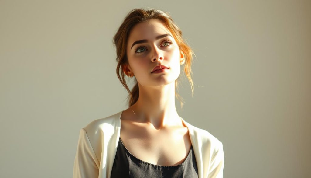 A stylish and introspective young woman stands in a minimalist studio, contemplating her personal style. Warm natural lighting bathes her face, casting soft shadows that accentuate her features. She is dressed in a chic, monochromatic ensemble, subtly hinting at her emerging fashion sensibilities. In the background, a simple but elegant backdrop of neutral tones provides a calm, reflective ambiance, inviting the viewer to join her on her journey of self-discovery. The scene conveys a sense of quiet confidence and an innate understanding that true style comes from within.