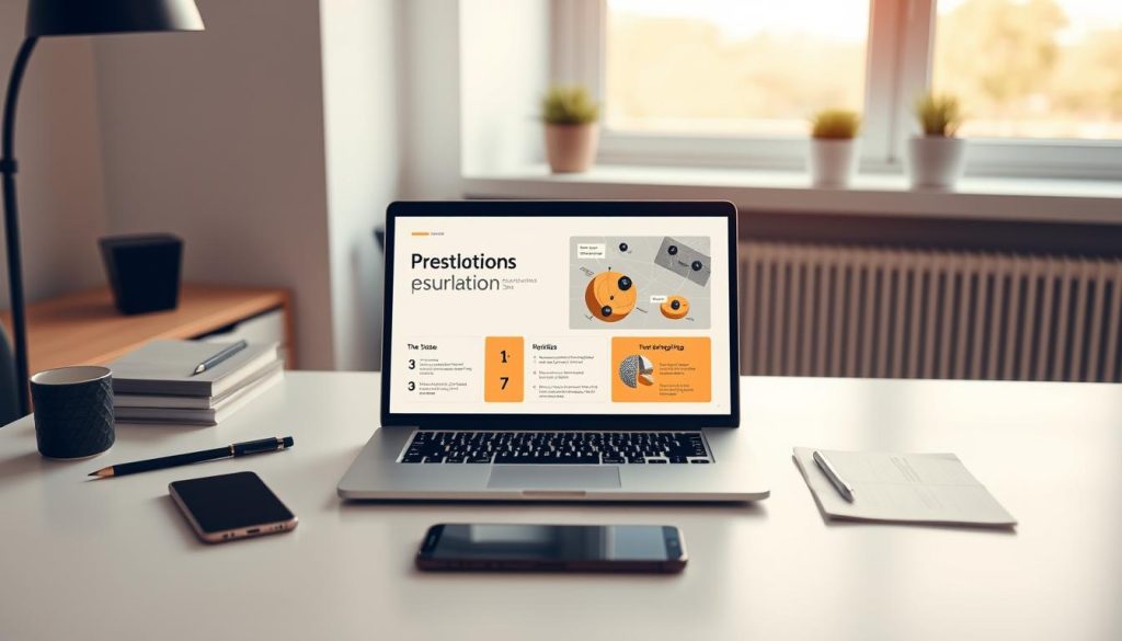 A stylish, modern presentation with a professional yet inviting atmosphere. A clean, minimalist desk setup with a sleek laptop, smartphone, and minimal stationery. Soft, diffused lighting from a large window creates a warm, productive ambiance. In the center, a well-designed slide deck displayed on the laptop, featuring bold typography, subtle infographics, and a harmonious color palette. The overall scene conveys a sense of focus, creativity, and the ability to craft an engaging, visually appealing presentation.