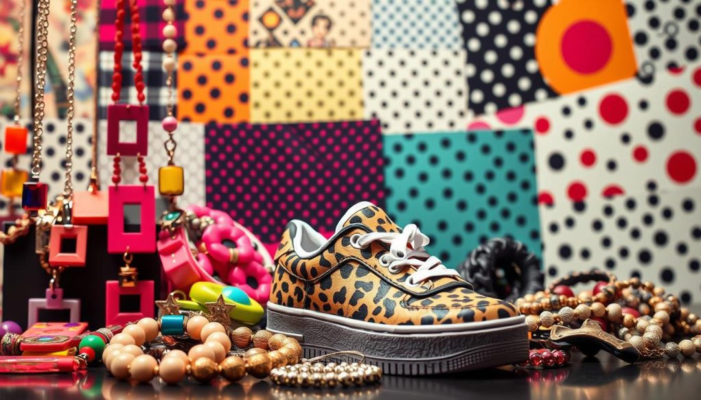 A stylized scene depicting fashion accessories from the 1990s. In the foreground, an array of vibrant, chunky jewelry pieces - necklaces, bracelets, and earrings with bold geometric shapes and neon colors. In the middle ground, a pair of platform sneakers in a bold animal print pattern. In the background, a collage of 90s-inspired patterns - plaid, polka dots, and tie-dye - creating a dynamic, playful atmosphere. The lighting is soft and diffused, accentuating the textures and colors of the accessories. The overall mood is one of nostalgic celebration of 90s fashion trends.