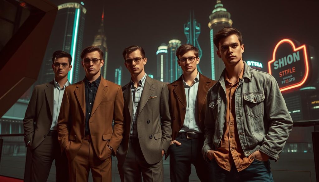 A timeless and sustainable fashion scene set against a retro-futuristic backdrop. In the foreground, classic menswear pieces like tailored suits, crisp button-down shirts, and well-worn denim jackets are showcased in muted earth tones and rich textures. Midground, sleek, angular shapes and metallic accents evoke a vintage-inspired, high-tech aesthetic, while the background features a moody, neon-tinged cityscape with towering skyscrapers and glowing, holographic signage. Dramatic chiaroscuro lighting casts dramatic shadows, imbuing the scene with an air of sophistication and artistry. Carefully curated to capture the essence of "Retro en duurzame mode trends" for the 2024 menswear forecast.