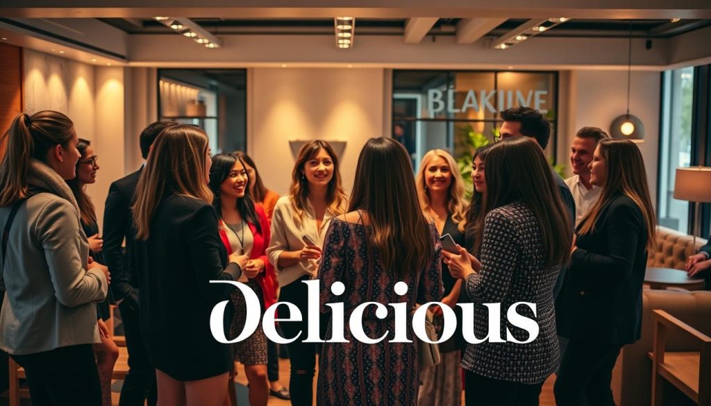 A vibrant and diverse group of people gathered in a chic and modern setting, representing the target audience of Delicious Magazine. In the foreground, a stylish group of women and men are engaged in lively conversation, dressed in fashionable attire that reflects the magazine's aesthetic. In the middle ground, the space is bathed in warm, soft lighting, creating a cozy and inviting atmosphere. The background features sleek, contemporary furnishings and decor, hinting at the sophisticated and refined nature of the magazine's content. The overall scene conveys a sense of energy, sophistication, and a deep connection between the magazine and its engaged, discerning readership.
