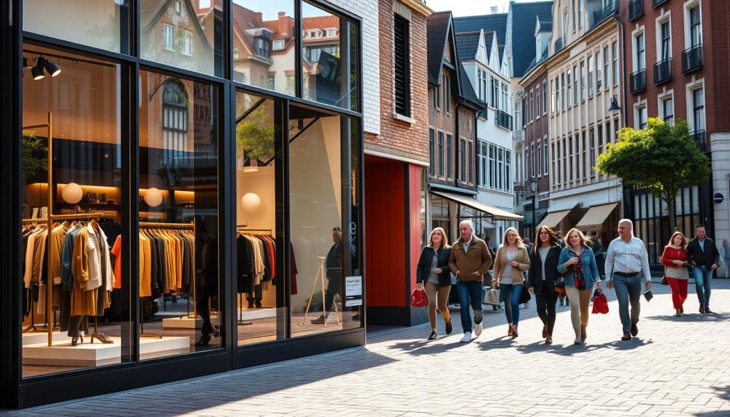 A vibrant and inviting shopping experience in Alphen aan den Rijn, the Netherlands. The storefront of a modern fashion boutique stands in the foreground, its large windows showcasing a curated selection of stylish clothing and accessories. Passersby stroll along the lively city street, their reflections visible in the glass. Warm, natural lighting bathes the scene, creating a welcoming atmosphere. In the background, a mix of traditional architecture and contemporary design elements blend seamlessly, reflecting the town's blend of old and new. The overall atmosphere evokes a sense of discovery, where fashion, style, and the joy of shopping come together to create a truly memorable retail experience.