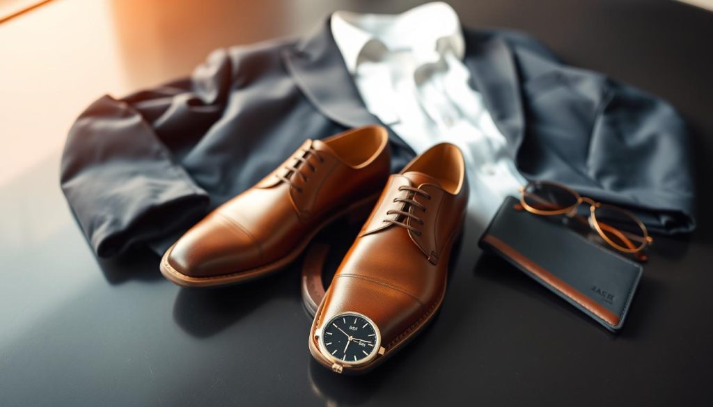 A vibrant and stylish still life composition showcasing the essential fashion items for the modern man in 2024. Laid out on a sleek, dark surface, the foreground features a well-tailored suit jacket, a crisp white button-down shirt, and a pair of classic leather dress shoes. In the middle ground, a selection of accessories comes into focus - a minimalist wristwatch, a slim, sophisticated wallet, and a pair of timeless aviator sunglasses. The background is softly blurred, allowing the key fashion pieces to take center stage under warm, natural lighting that accentuates the high-quality materials and expert craftsmanship. The overall mood is one of refined elegance and effortless sophistication, reflecting the discerning style of the discerning modern gentleman.