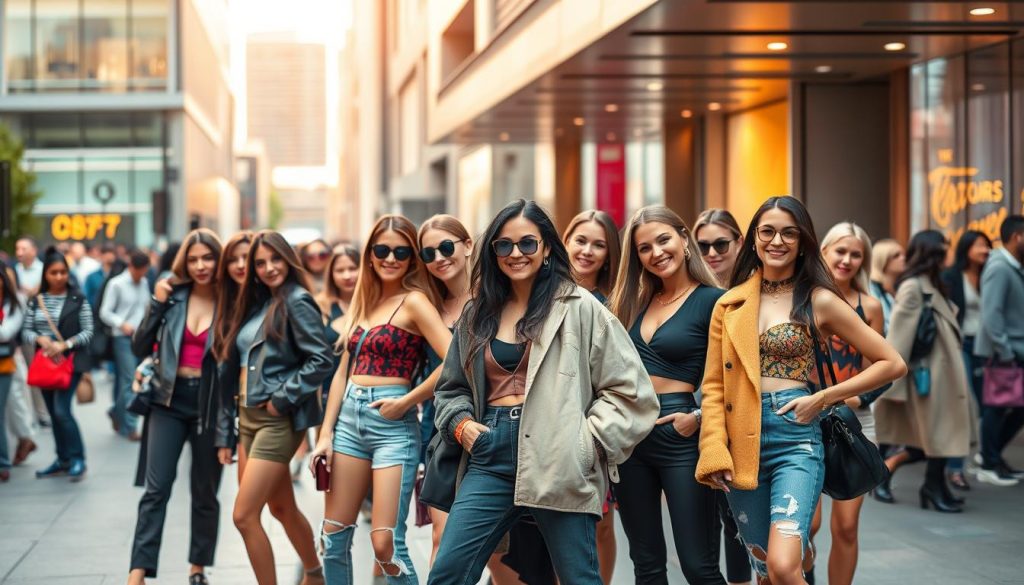 A vibrant scene of modern women showcasing their distinct styles, exuding confidence and individuality. In the foreground, a diverse group of fashionable figures pose confidently, their outfits highlighting the latest trends and personal flair. In the middle ground, a lively street scene unfolds, with passersby mirroring the stylistic diversity. The background features a sleek, urban backdrop, with modern architecture and a soft, warm lighting casting an inviting glow. The overall atmosphere evokes a sense of fashion-forward sophistication and a celebration of personal expression.