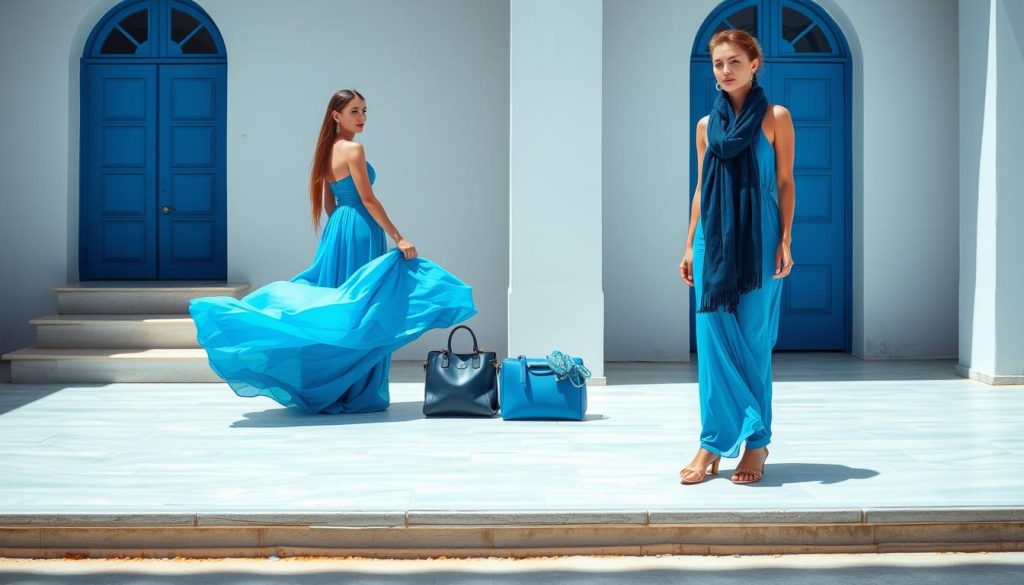 A vibrant, sun-drenched scene showcasing an elegant array of blue hues. In the foreground, a graceful model strikes a poised stance, dressed in a flowing azure gown that cascades elegantly. The middle ground features a carefully curated selection of complementary accessories, including a chic leather satchel, delicate jewelry, and a scarf in a deeper shade of blue. The background sets the tone, with a serene, minimalist environment that allows the blues to take center stage, illuminated by soft, diffused lighting that accentuates the luxurious textures. The overall composition evokes a sense of timeless sophistication and effortless style, capturing the essence of the "Fifty shades of blue" fashion inspiration.