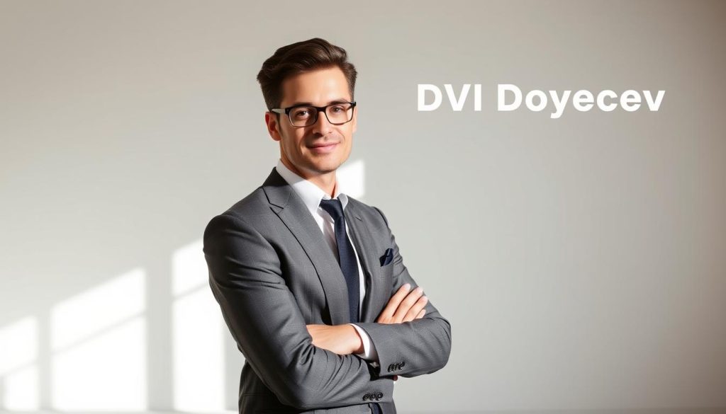 A well-dressed, confident individual standing in a modern, minimalist studio setting. The subject, DVI Doychev, is the focal point, their face turned slightly to the side, creating an air of professionalism and expertise. Soft, natural lighting illuminates their features, highlighting their stylish yet approachable persona. The background is a clean, neutral color, allowing the subject to stand out and command attention. The overall composition conveys a sense of personalized style guidance, with DVI Doychev positioned as a trusted fashion authority.