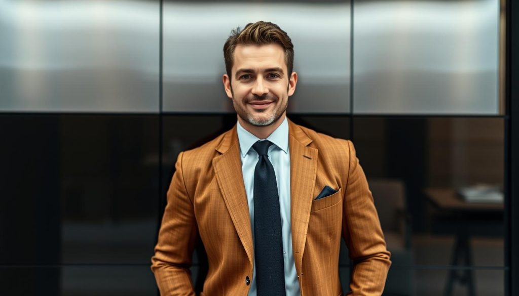 A well-dressed man with a warm, confident demeanor stands before a sleek, modern backdrop, embodying the stylish essence of DVI Doychev's fashion expertise. Soft, directional lighting accentuates his tailored, on-trend ensemble, showcasing the refined aesthetic that defines his personalized style guidance. The scene exudes an air of sophistication and approachability, capturing the essence of DVI Doychev's ability to help men elevate their wardrobe and remain at the forefront of fashion trends.