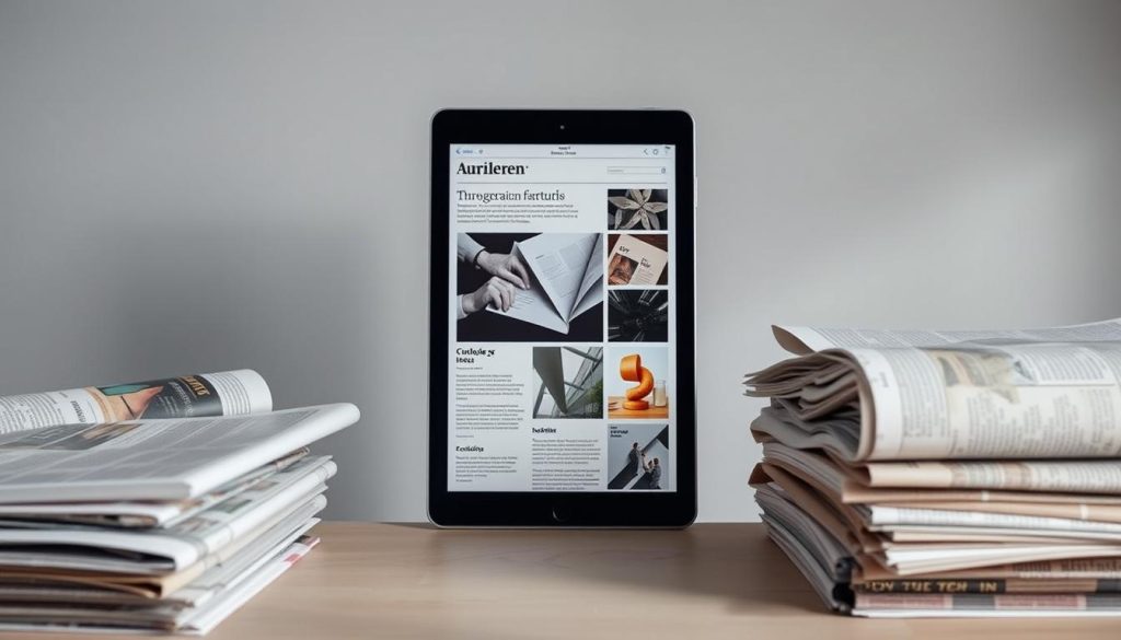 Artikelen versus advertorials: a modern editorial landscape. In the foreground, a stack of newspapers and magazines, representing editorial content. In the middle, a digital tablet displaying a sleek advertorial layout, conveying commercial messaging. The background blends clean typography, geometric shapes, and muted colors, evoking the balance between organic journalism and curated advertisements. Soft, directional lighting emphasizes the contrast between the physical and digital elements, while a slightly elevated camera angle suggests an objective, bird's-eye perspective on the evolving media ecosystem.