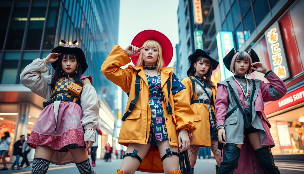 Harajuku street fashion showcase: A vibrant, youthful scene with models showcasing the eclectic, avant-garde styling of the iconic Harajuku district in Tokyo. Intricate, layered outfits featuring a mix of bold colors, patterns, and textures - from oversized silhouettes to striking accessories. The models strike dynamic, expressive poses against a backdrop of sleek, modern architecture and neon-lit city streets, capturing the energetic, experimental spirit of Harajuku style. Warm, diffused lighting accentuates the details and vibrancy of the fashion, while a slightly low camera angle emphasizes the confidence and flair of the models. The overall atmosphere is one of creativity, individualism, and the relentless pursuit of self-expression through fashion.