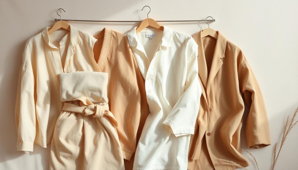 Tranquil and timeless neutral-toned fashion items artfully arranged on a light, natural backdrop. Soft, diffused natural lighting creates a calming, serene atmosphere. A selection of minimalist, versatile garments and accessories in earthy hues of beige, tan, cream, and soft gray. Elegant textures like linen, silk, and cotton blend harmoniously. The composition emphasizes clean lines, simplicity, and effortless sophistication. A visually soothing visual ode to the enduring appeal of neutral color palettes in contemporary style.