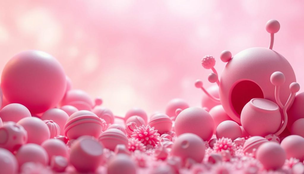 a vibrant, bubblegum pink-hued scene with a youthful, playful atmosphere. In the foreground, a whimsical arrangement of spherical shapes, organic forms, and candy-like textures create a tactile, imaginative presence. The middle ground features a soft, diffused lighting that casts a warm, inviting glow, while the background is filled with a hazy, pastel-tinted gradient that evokes a sense of dreaminess and optimism. The overall composition has a sense of depth and movement, drawing the viewer into a visually captivating world of positivity and imagination.